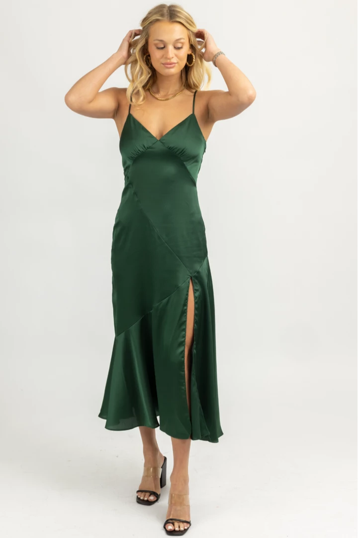 DRESS FORUM HUNTER GREEN SATIN TIE-BACK SLIT MIDI DRESS NEW ARRIVALS 3 DRESS FORUM HUNTER GREEN SATIN TIE-BACK SLIT MIDI DRESS NEW ARRIVALS