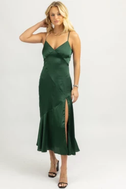 DRESS FORUM HUNTER GREEN SATIN TIE-BACK SLIT MIDI DRESS NEW ARRIVALS