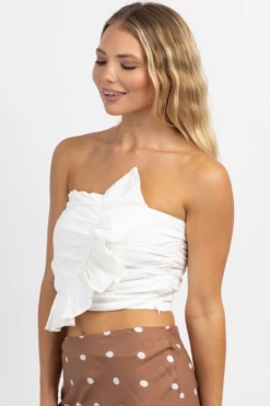 DAY + MOON NEW ARRIVALS FLIRTY WHITE RUFFLED TUBE TOP