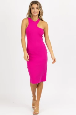 FORE COLLECTION NEW ARRIVALS FUCHSIA ASYMMETRIC NECKLINE RIB MIDI DRESS