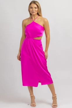 LENA FUCHSIA HALTER OPEN-SIDE SATIN MIDI DRESS NEW ARRIVALS