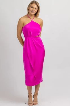 LENA FUCHSIA HALTER OPEN-SIDE SATIN MIDI DRESS NEW ARRIVALS