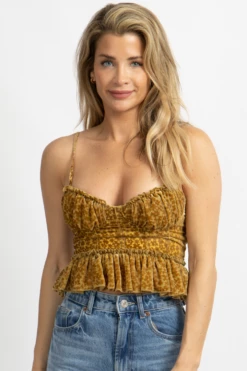 EMORY PARK GOLD VELOUR FLORAL BUSTIER TOP