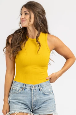 LE LIS ROUND NECK SLEEVELESS BODYSUIT IN GOLD CLOTHING