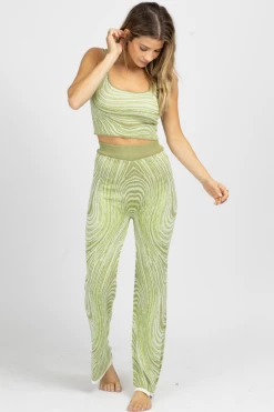 FORE COLLECTION NEW ARRIVALS GREEN ABSTRACT PRINT KNIT PANT SET