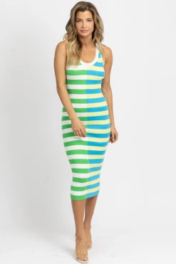 AARON AND AMBER GREEN STRIPE TWO TONE MIDI DRESS NEW ARRIVALS