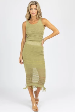 SWEET LEMON NEW ARRIVALS MATCHA GREEN FRINGE KNIT MIDI SKIRT