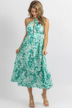 SUNDAY UP GREEN FLORAL HALTERNECK RUFFLE MIDI DRESS NEW ARRIVALS