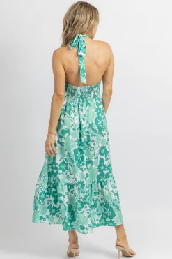 SUNDAY UP GREEN FLORAL HALTERNECK RUFFLE MIDI DRESS NEW ARRIVALS