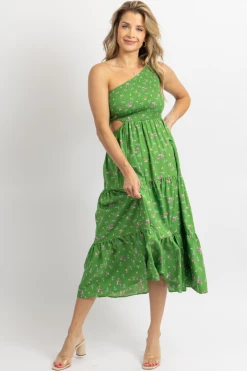 SUNDAY UP GREEN FLORAL PRINT ONE SHOULDER HOLLOW MIDI DRESS NEW ARRIVALS