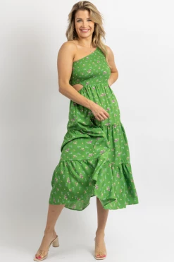 SUNDAY UP GREEN FLORAL PRINT ONE SHOULDER HOLLOW MIDI DRESS NEW ARRIVALS