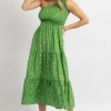 SUNDAY UP GREEN FLORAL PRINT ONE SHOULDER HOLLOW MIDI DRESS NEW ARRIVALS