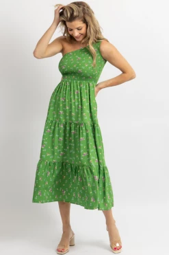 SUNDAY UP GREEN FLORAL PRINT ONE SHOULDER HOLLOW MIDI DRESS NEW ARRIVALS