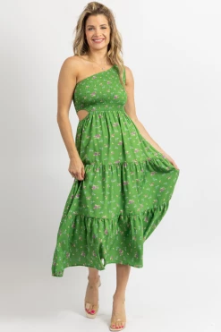 SUNDAY UP GREEN FLORAL PRINT ONE SHOULDER HOLLOW MIDI DRESS NEW ARRIVALS