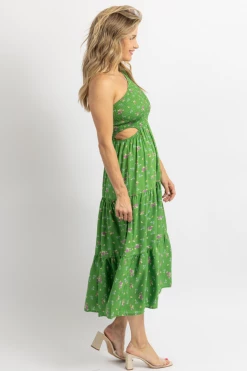 SUNDAY UP GREEN FLORAL PRINT ONE SHOULDER HOLLOW MIDI DRESS NEW ARRIVALS