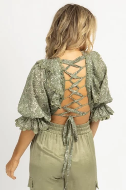 OLIVACEOUS CLOTHING OLIVE FLORAL LACE BACK TOP