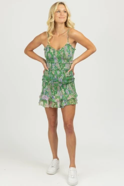 OLIVACEOUS VERDANT GREEN FLORAL SMOCK MINI DRESS