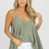 VENTI6 GREEN LINEN FRAYED HEM TANK CLOTHING