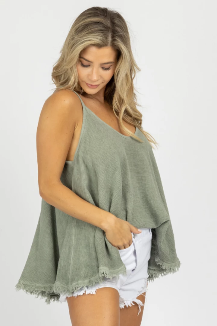 VENTI6 GREEN LINEN FRAYED HEM TANK CLOTHING 3 VENTI6 GREEN LINEN FRAYED HEM TANK CLOTHING