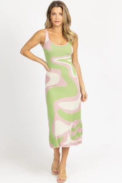 FORE COLLECTION NEW ARRIVALS PINK + GREEN ABSTRACT KNIT MIDI DRESS