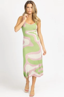 FORE COLLECTION NEW ARRIVALS PINK + GREEN ABSTRACT KNIT MIDI DRESS