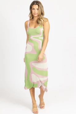 FORE COLLECTION NEW ARRIVALS PINK + GREEN ABSTRACT KNIT MIDI DRESS