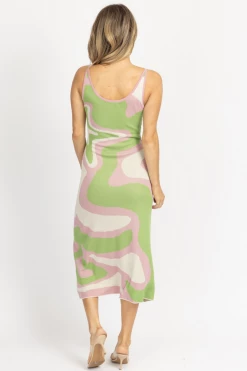 FORE COLLECTION NEW ARRIVALS PINK + GREEN ABSTRACT KNIT MIDI DRESS