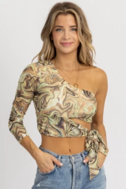 ENDLESS BLU CLOTHING GREEN MARBLE ABSTRACT ONE SHOULDER TOP