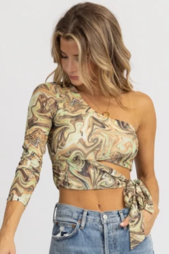ENDLESS BLU CLOTHING GREEN MARBLE ABSTRACT ONE SHOULDER TOP