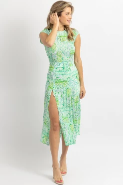 OLIVACEOUS NEW ARRIVALS GREEN MINT PRINT ROUNDNECK MIDI DRESS