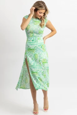 OLIVACEOUS NEW ARRIVALS GREEN MINT PRINT ROUNDNECK MIDI DRESS