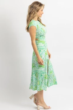 OLIVACEOUS NEW ARRIVALS GREEN MINT PRINT ROUNDNECK MIDI DRESS