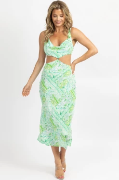 OLIVACEOUS NEW ARRIVALS GREEN MINT PRINT OPEN BACK MAXI DRESS