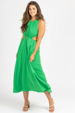 STYLE U GREEN O-RING OPEN SIDE MIDI DRESS CLOTHING