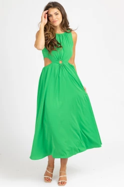 STYLE U GREEN O-RING OPEN SIDE MIDI DRESS CLOTHING