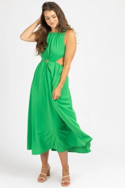 STYLE U GREEN O-RING OPEN SIDE MIDI DRESS CLOTHING