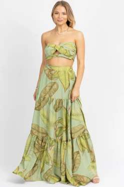 LUXXEL NEW ARRIVALS GREEN PALM TIERED MAXI SKIRT SET 9 LUXXEL NEW ARRIVALS GREEN PALM TIERED MAXI SKIRT SET
