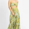 LUXXEL NEW ARRIVALS GREEN PALM TIERED MAXI SKIRT SET