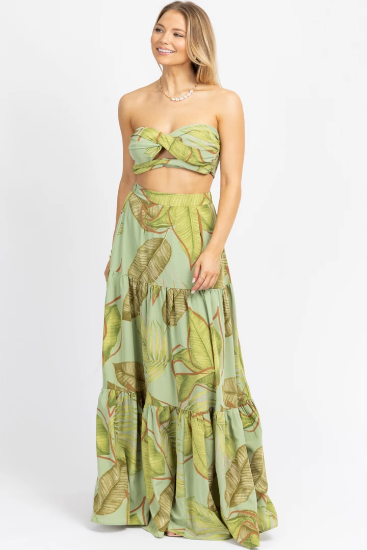 LUXXEL NEW ARRIVALS GREEN PALM TIERED MAXI SKIRT SET 4 LUXXEL NEW ARRIVALS GREEN PALM TIERED MAXI SKIRT SET