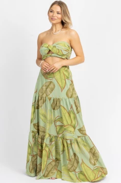 LUXXEL NEW ARRIVALS GREEN PALM TIERED MAXI SKIRT SET