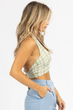 SUNDAY UP GREEN PLAID BOW-BACK HALTER CROP 8 SUNDAY UP GREEN PLAID BOW-BACK HALTER CROP