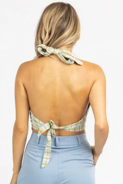 SUNDAY UP GREEN PLAID BOW-BACK HALTER CROP 9 SUNDAY UP GREEN PLAID BOW-BACK HALTER CROP