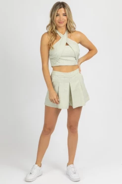 LE LIS GREEN PLAID HALTER TOP + SHORTS SET