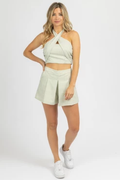 LE LIS GREEN PLAID HALTER TOP + SHORTS SET