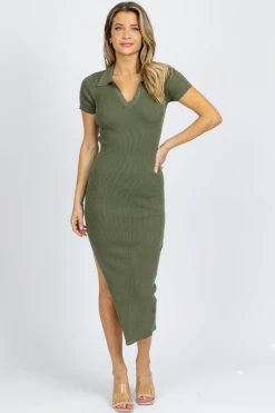 EMORY PARK OLIVE COLLARED BACKLESS KNIT MIDI DRESS NEW ARRIVALS