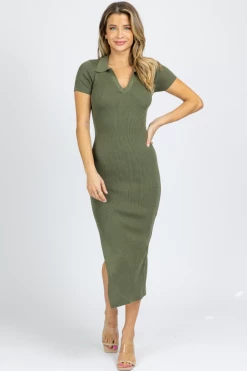 EMORY PARK OLIVE COLLARED BACKLESS KNIT MIDI DRESS NEW ARRIVALS