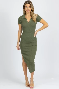 EMORY PARK OLIVE COLLARED BACKLESS KNIT MIDI DRESS NEW ARRIVALS