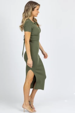 EMORY PARK OLIVE COLLARED BACKLESS KNIT MIDI DRESS NEW ARRIVALS