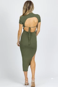 EMORY PARK OLIVE COLLARED BACKLESS KNIT MIDI DRESS NEW ARRIVALS