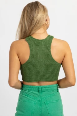 EMORY PARK NEW ARRIVALS GREEN KNIT RACER FRONT CROP TOP